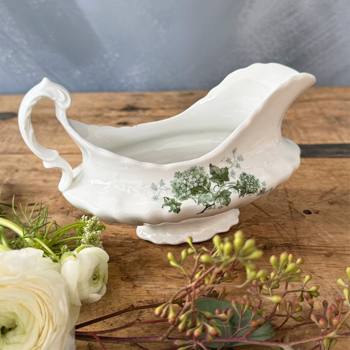 Vintage Excelsior Porcelain Gravy Boat with Green Ivy Details