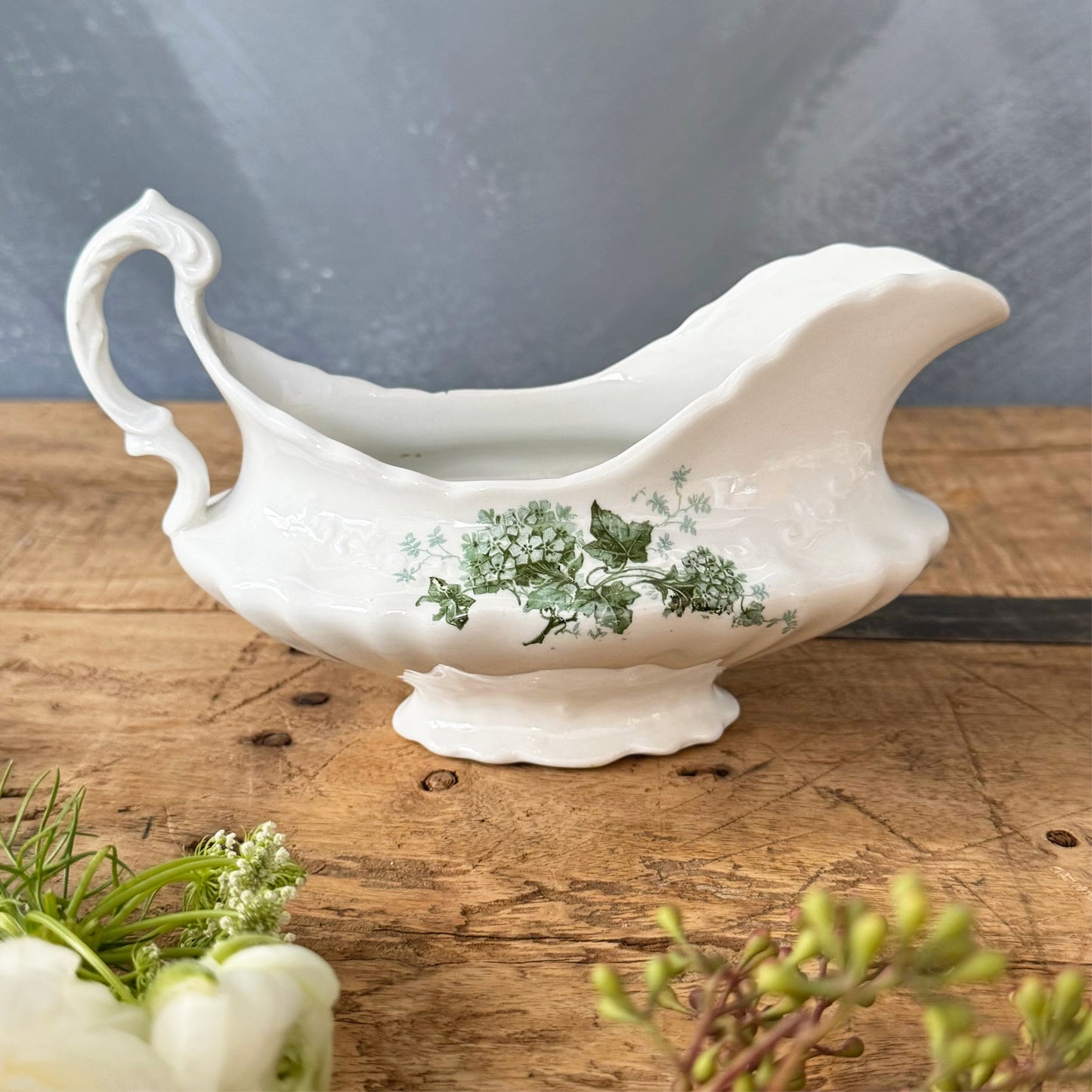 Vintage Excelsior Porcelain Gravy Boat with Green Ivy Details