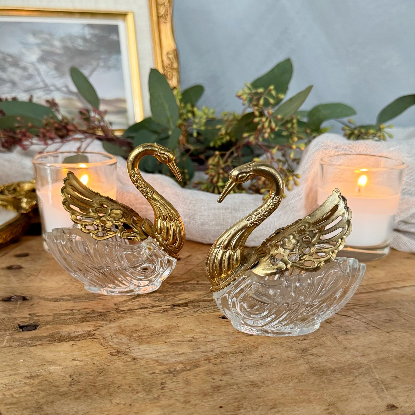 Vintage Gold and Crystal Ornate Swan Salt Cellars, Pair