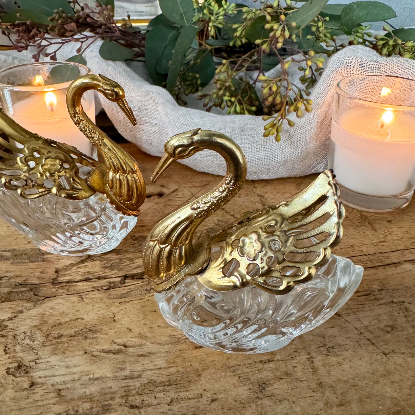 Vintage Gold and Crystal Ornate Swan Salt Cellars, Pair