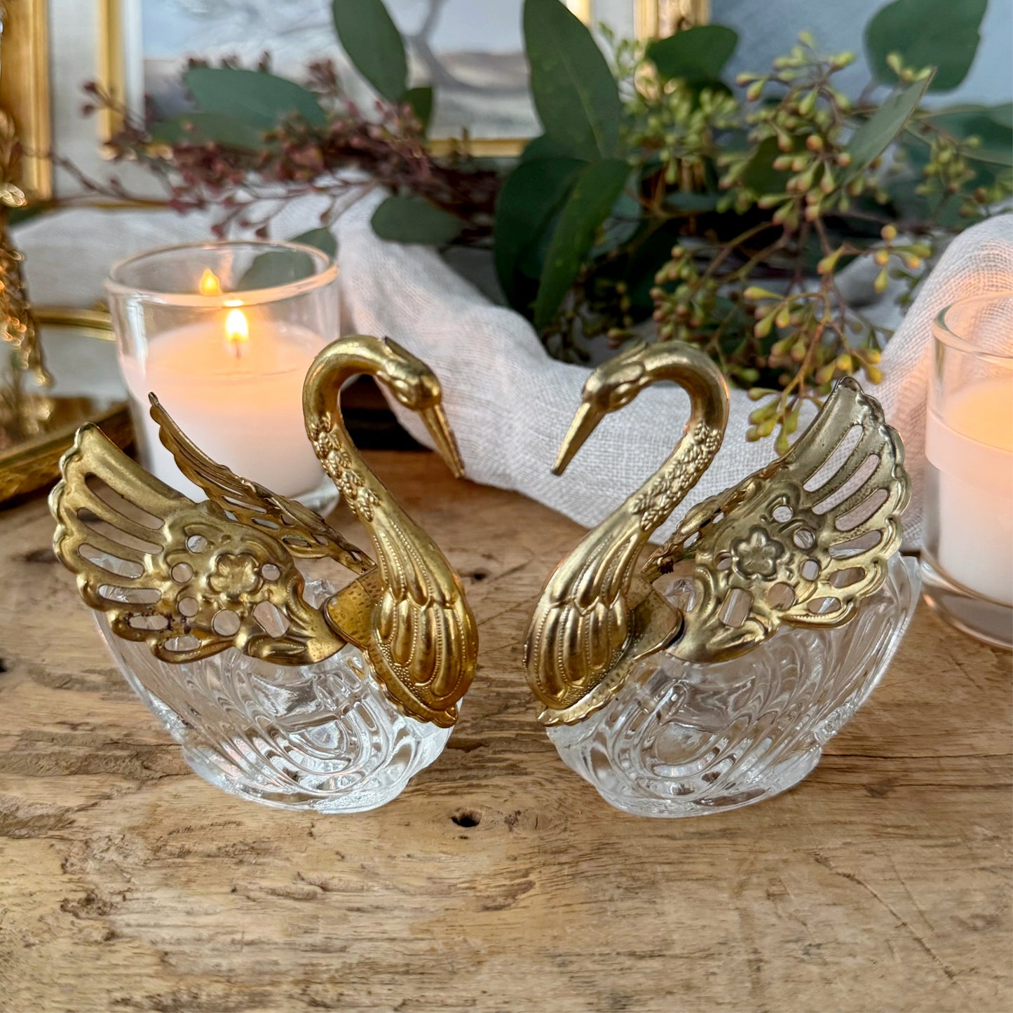 Vintage Gold and Crystal Ornate Swan Salt Cellars, Pair