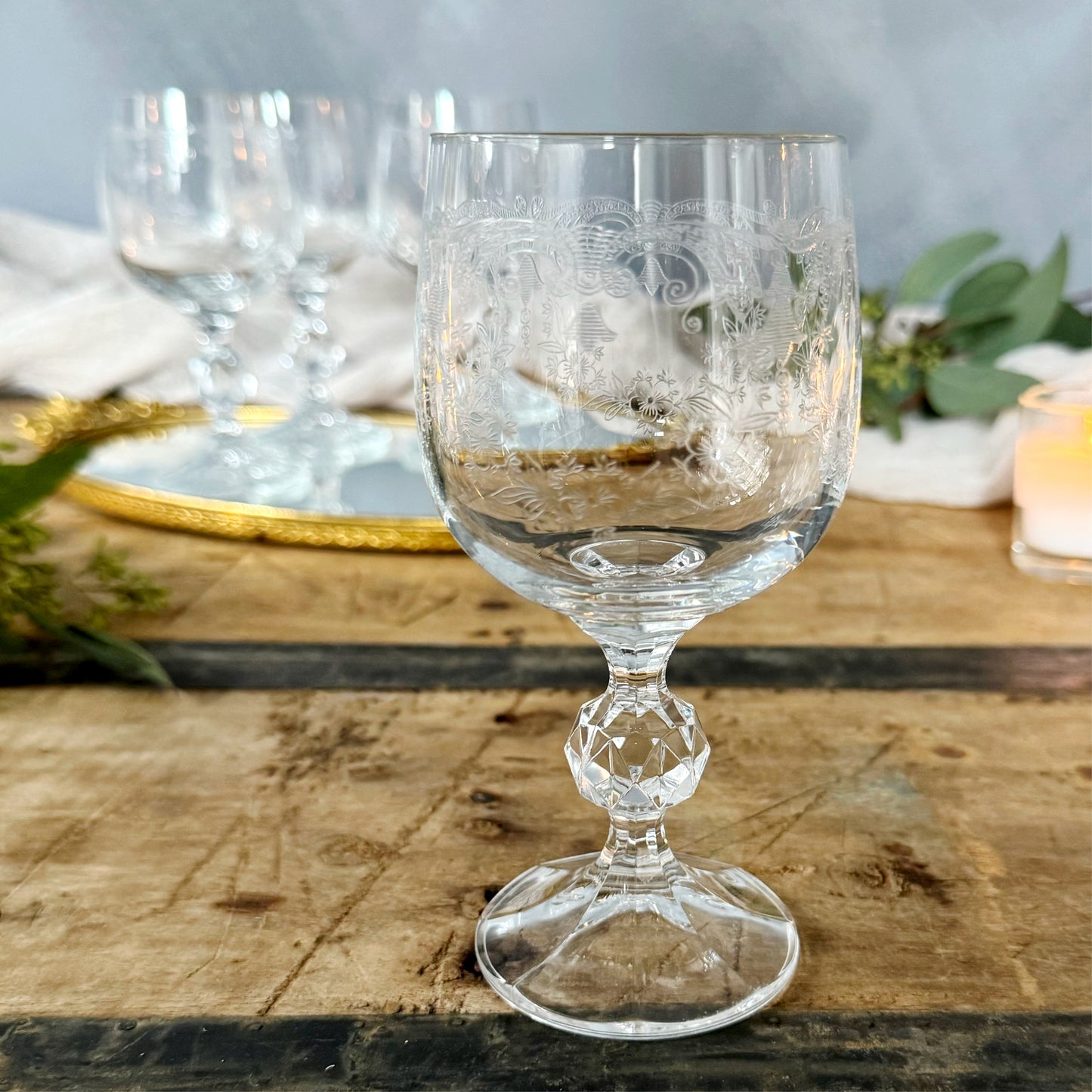 Vintage Import Assoc Cascade Etched Wine Glass