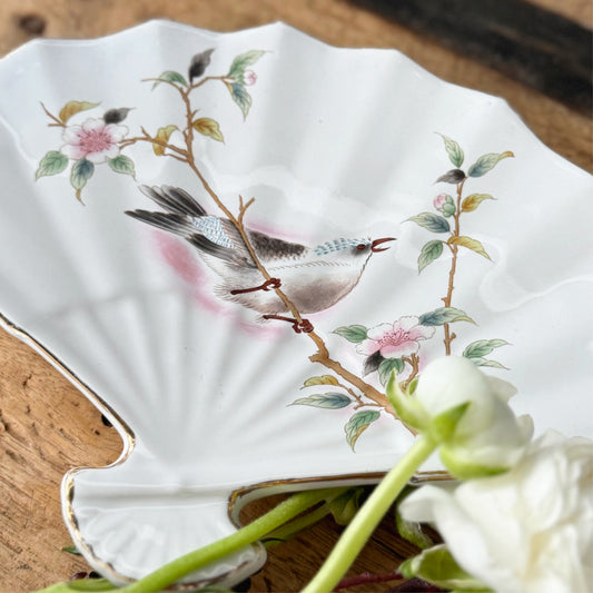 Vintage Japan Kakesu Collection Bird & Floral Decorative Fan Dish