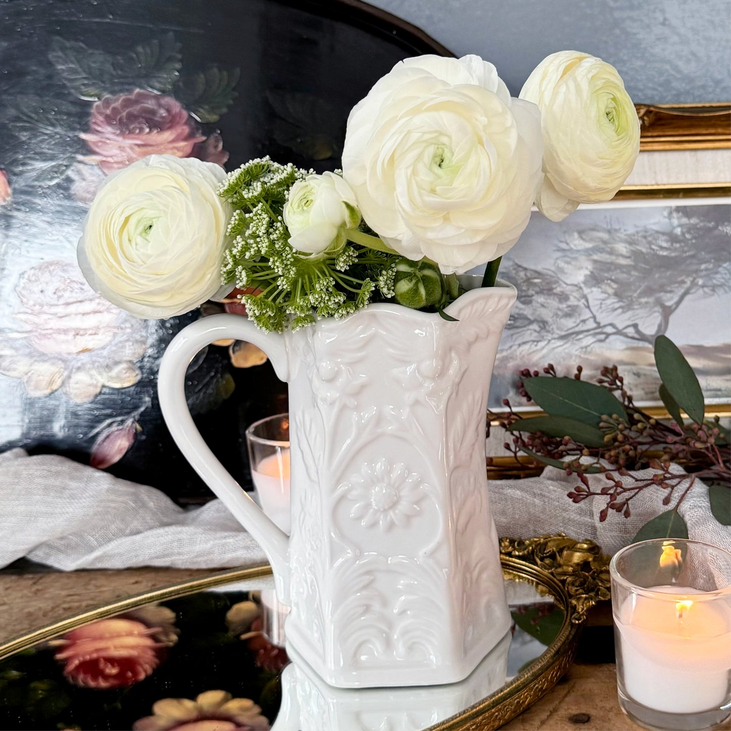 Vintage Peppertree White Porcelain Pitcher with Floral Relief Details