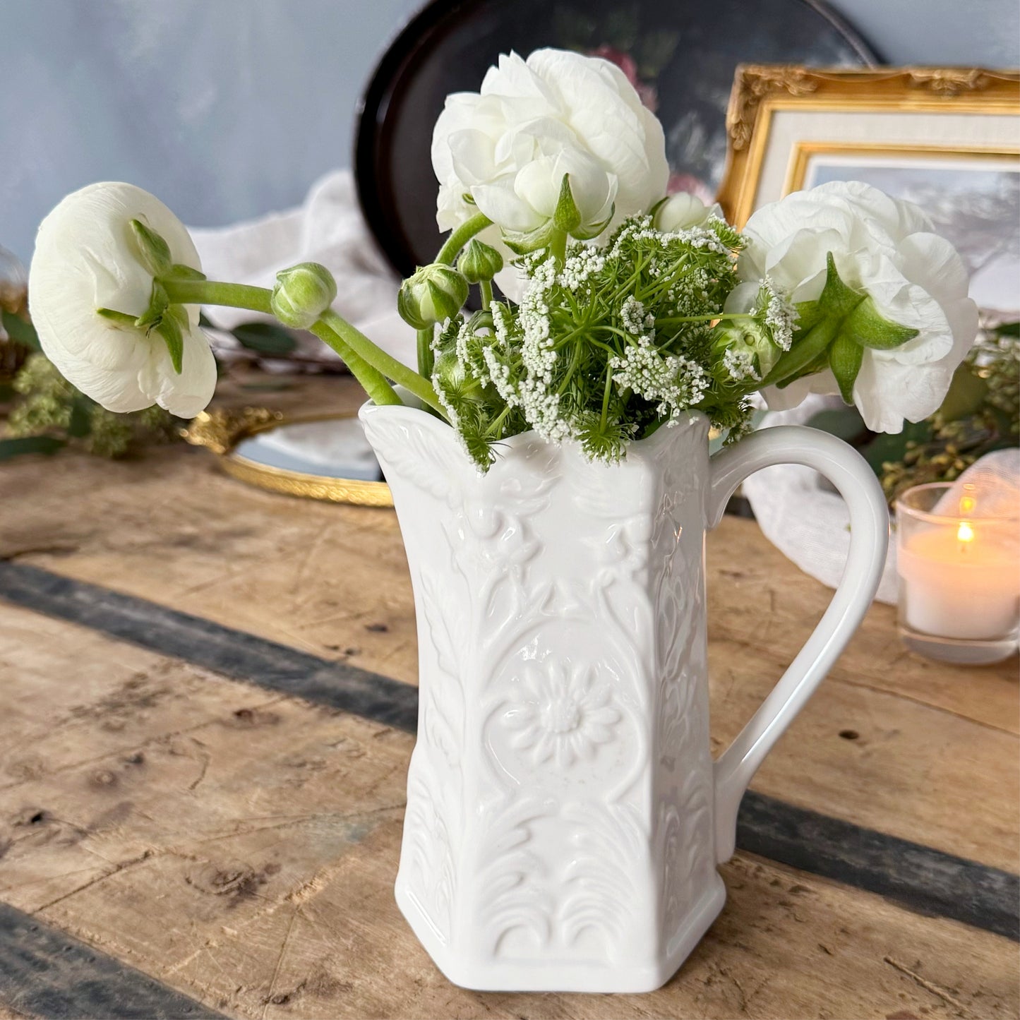 Vintage Peppertree White Porcelain Pitcher with Floral Relief Details