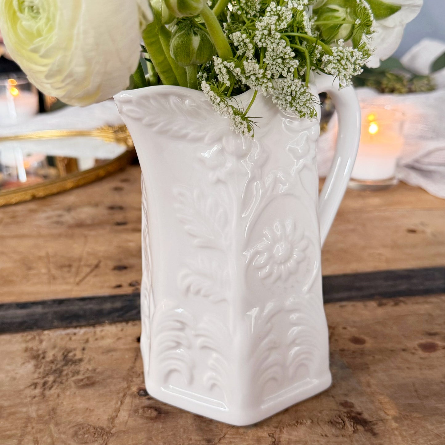 Vintage Peppertree White Porcelain Pitcher with Floral Relief Details