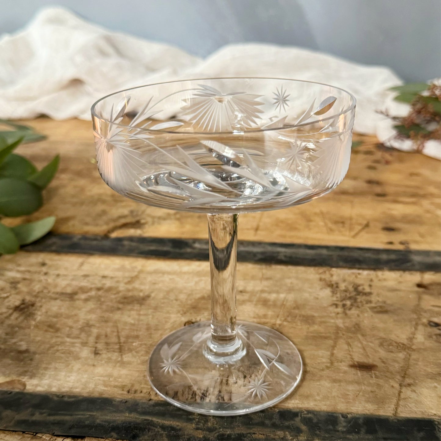 Vintage Tall Floral Etched Shallow Glass
