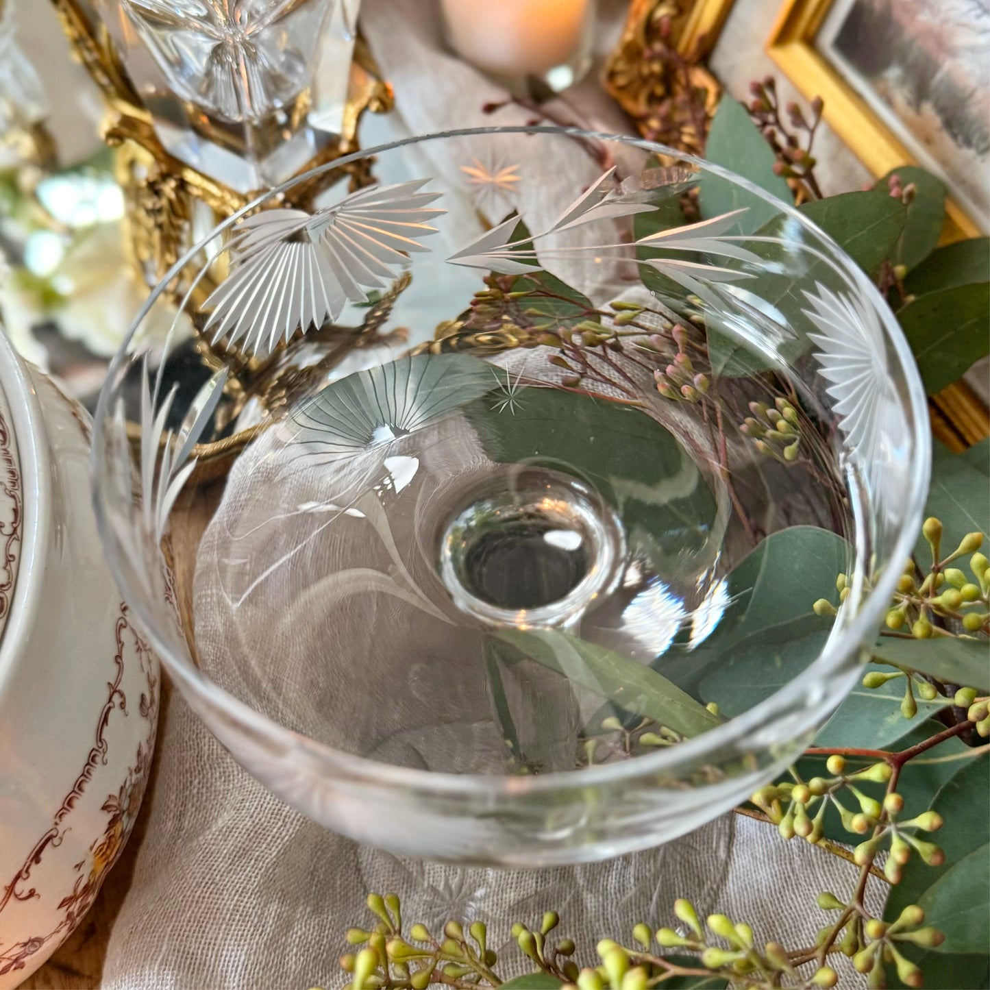 Vintage Tall Floral Etched Shallow Glass