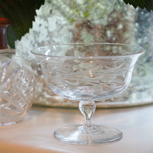 English vintage etched glass dishes, set of 2