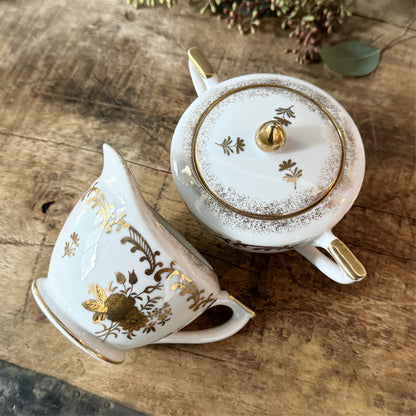 Vintage Lefton Gold Floral Bouquet Sugar Bowl with Lid and Creamer, set