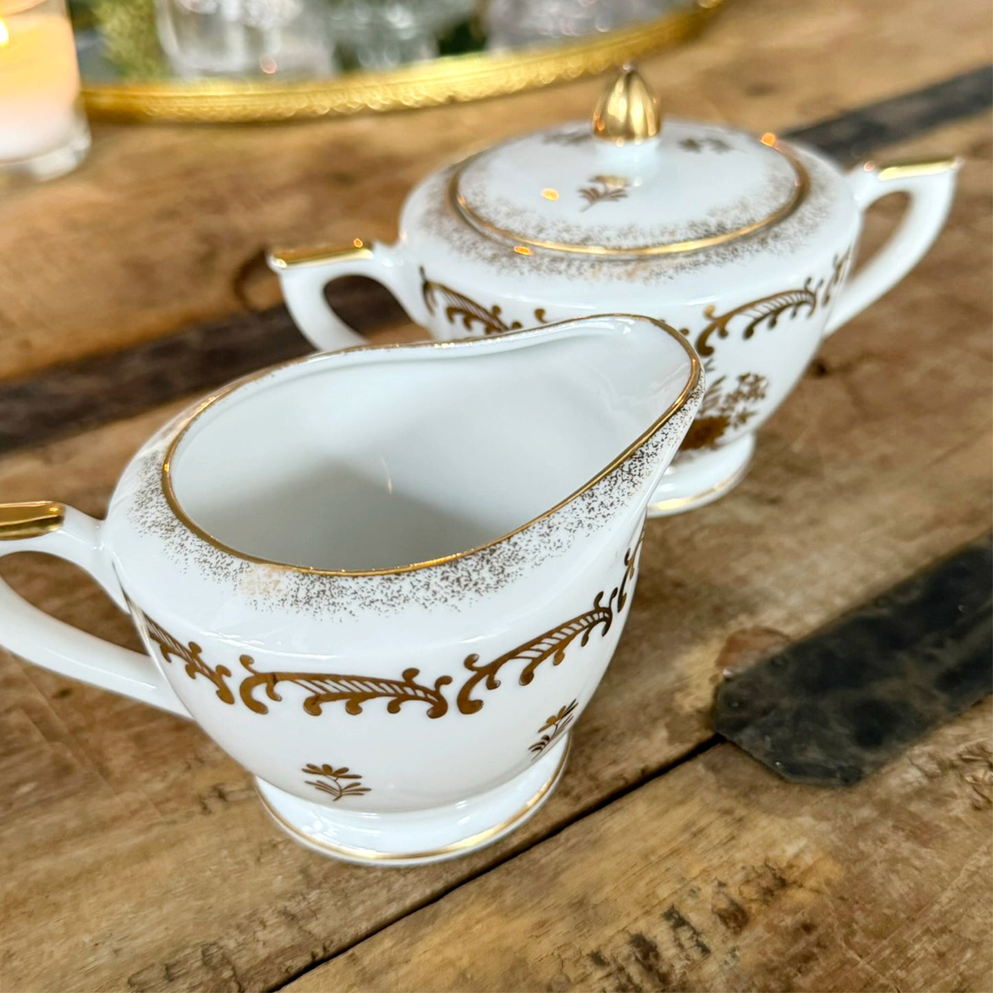 Vintage Lefton Gold Floral Bouquet Sugar Bowl with Lid and Creamer, set