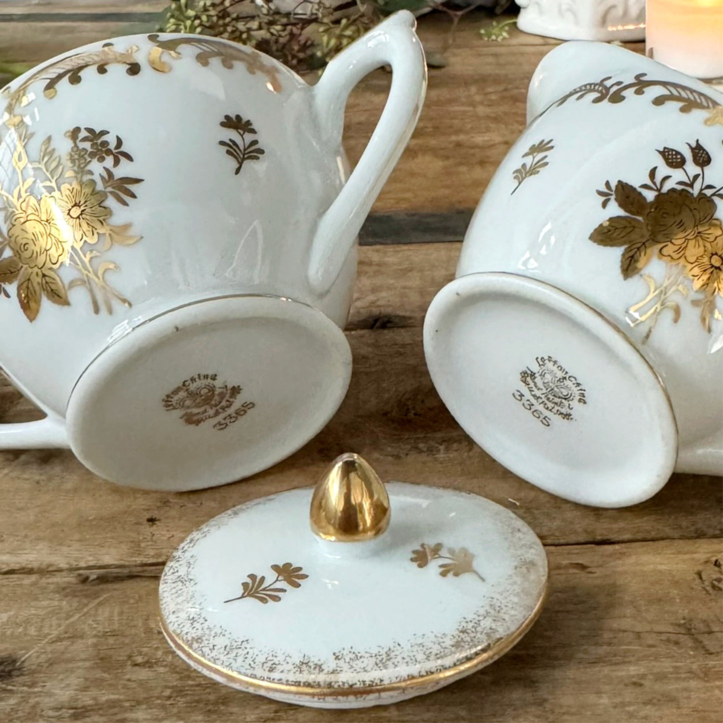 Vintage Lefton Gold Floral Bouquet Sugar Bowl with Lid and Creamer, set