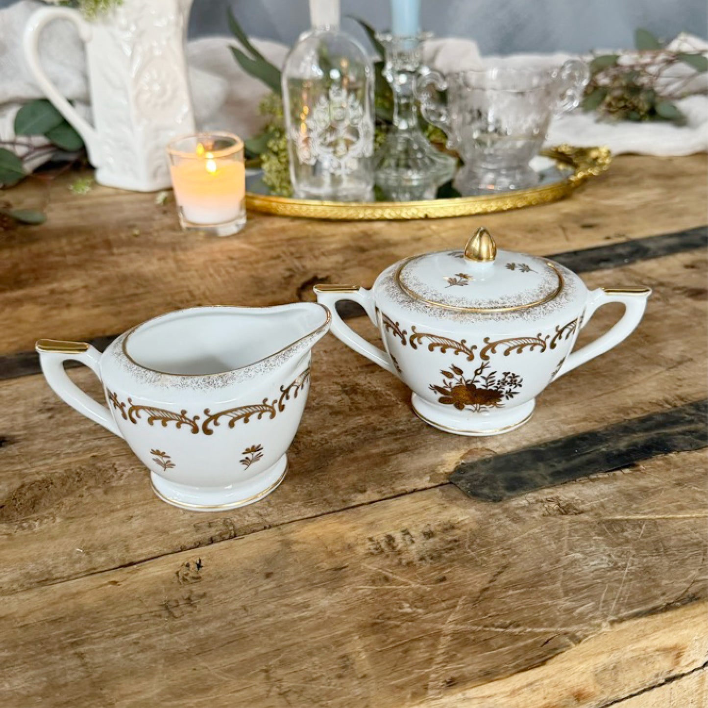 Vintage Lefton Gold Floral Bouquet Sugar Bowl with Lid and Creamer, set