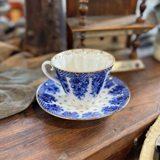 Antique Imperial Russian Lomonosov Blue White Porcelain Cup & Saucer