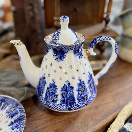 Antique Imperial Russian Lomonosov Blue White Porcelain Tea Pot