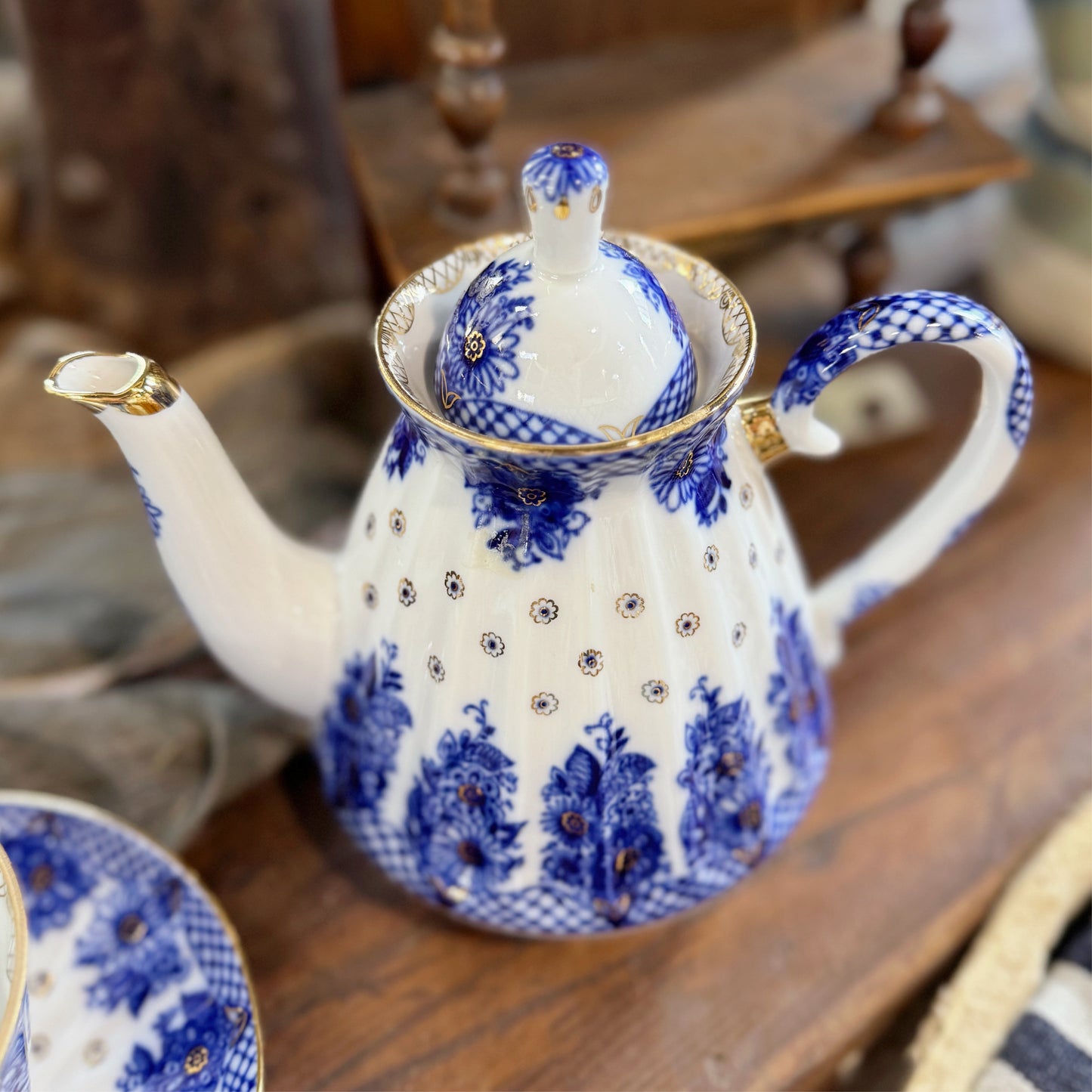 Antique Imperial Russian Lomonosov Blue White Porcelain Tea Pot