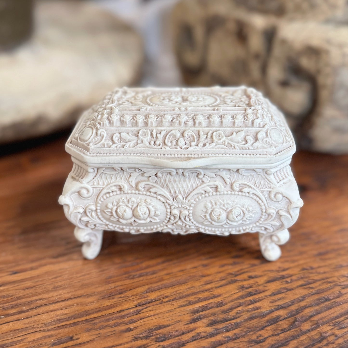 Vintage Incolay Stone Hinged Jewelry Box