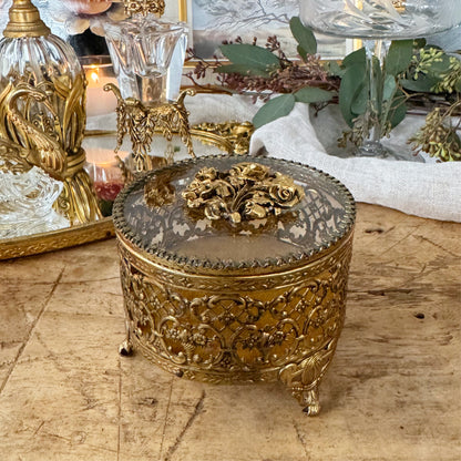 Vintage Ormolu Style Hollywood Regency Footed Circular Jewelry Box with Rose Lid Details