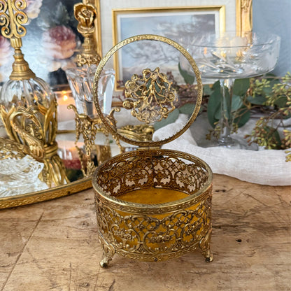 Vintage Ormolu Style Hollywood Regency Footed Circular Jewelry Box with Rose Lid Details