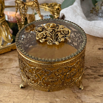 Vintage Ormolu Style Hollywood Regency Footed Circular Jewelry Box with Rose Lid Details