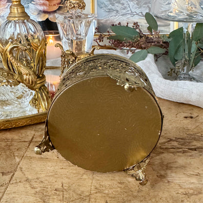 Vintage Ormolu Style Hollywood Regency Footed Circular Jewelry Box with Rose Lid Details