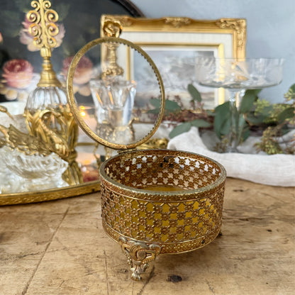 Vintage Ormolu Style Hollywood Regency Footed Circular Jewelry Box