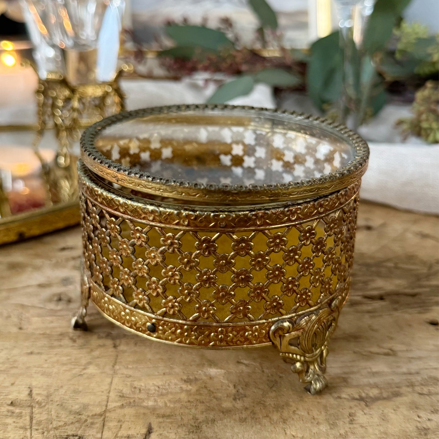 Vintage Ormolu Style Hollywood Regency Footed Circular Jewelry Box