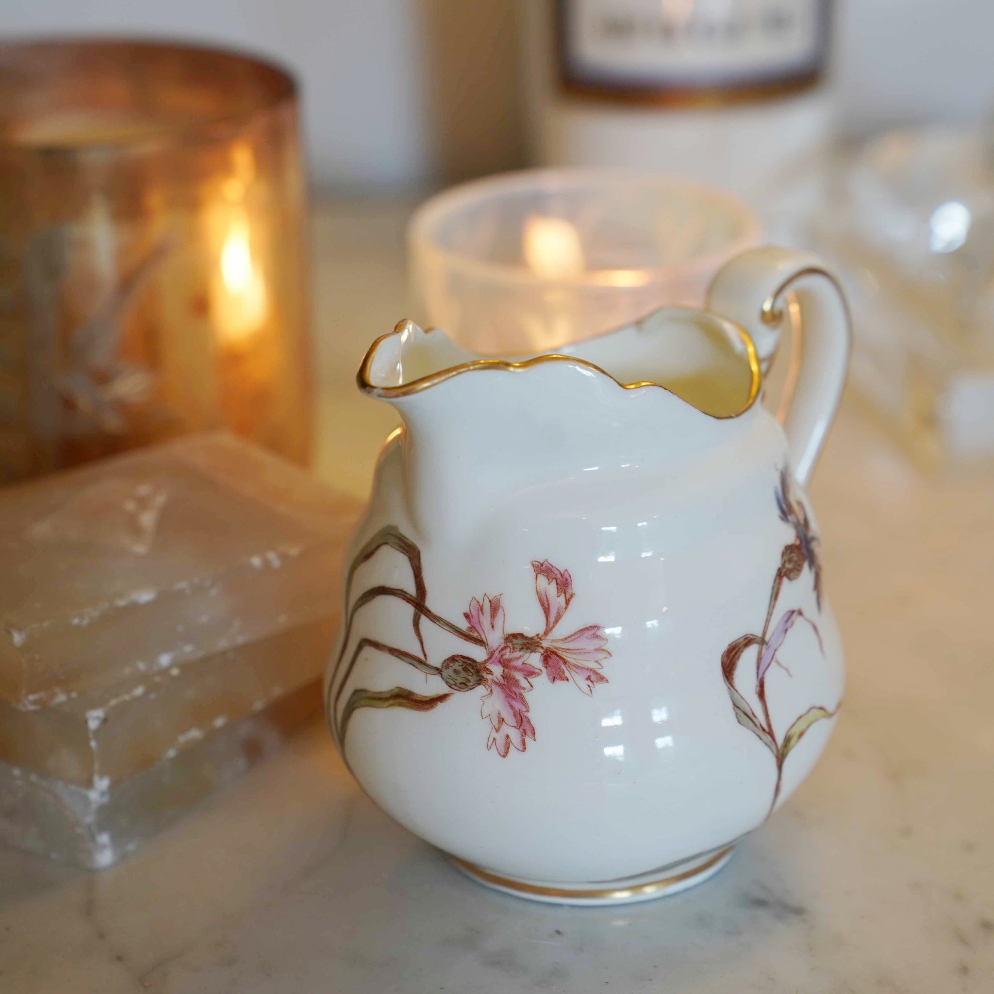 English vintage milk jug with corn flower pattern and gilt detail ...