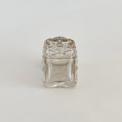 English antique glass mustard pot with silver-plated lid