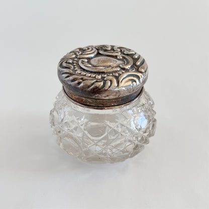 Antique glass dressing table jar with silver-plated lid