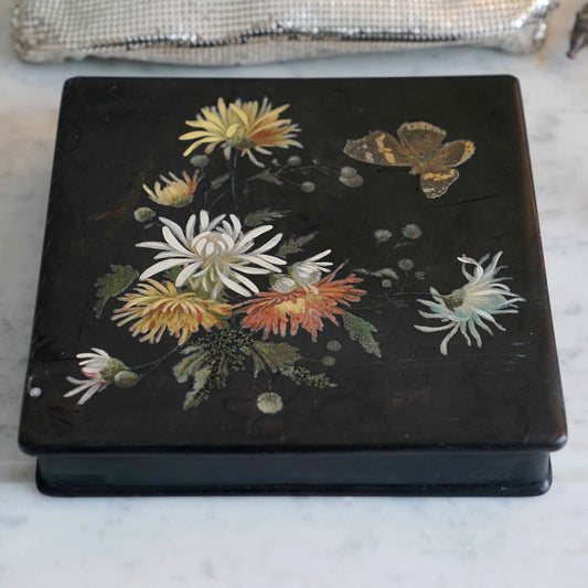 English antique floral painted lacquer box