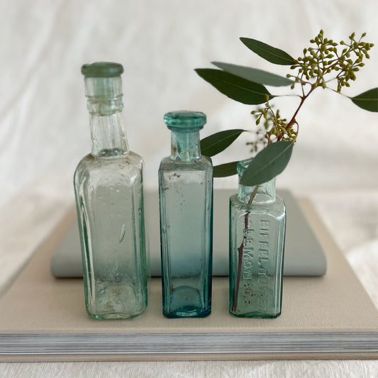 English antique Victorian glass bottles, set of 3