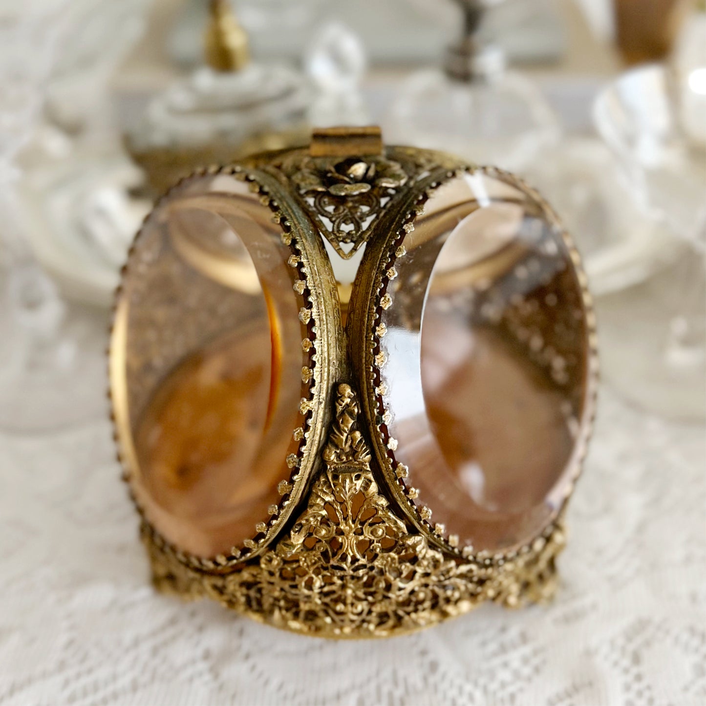 Vintage Ormolu Style Filigree Beveled 3-Sided Jewelry Box