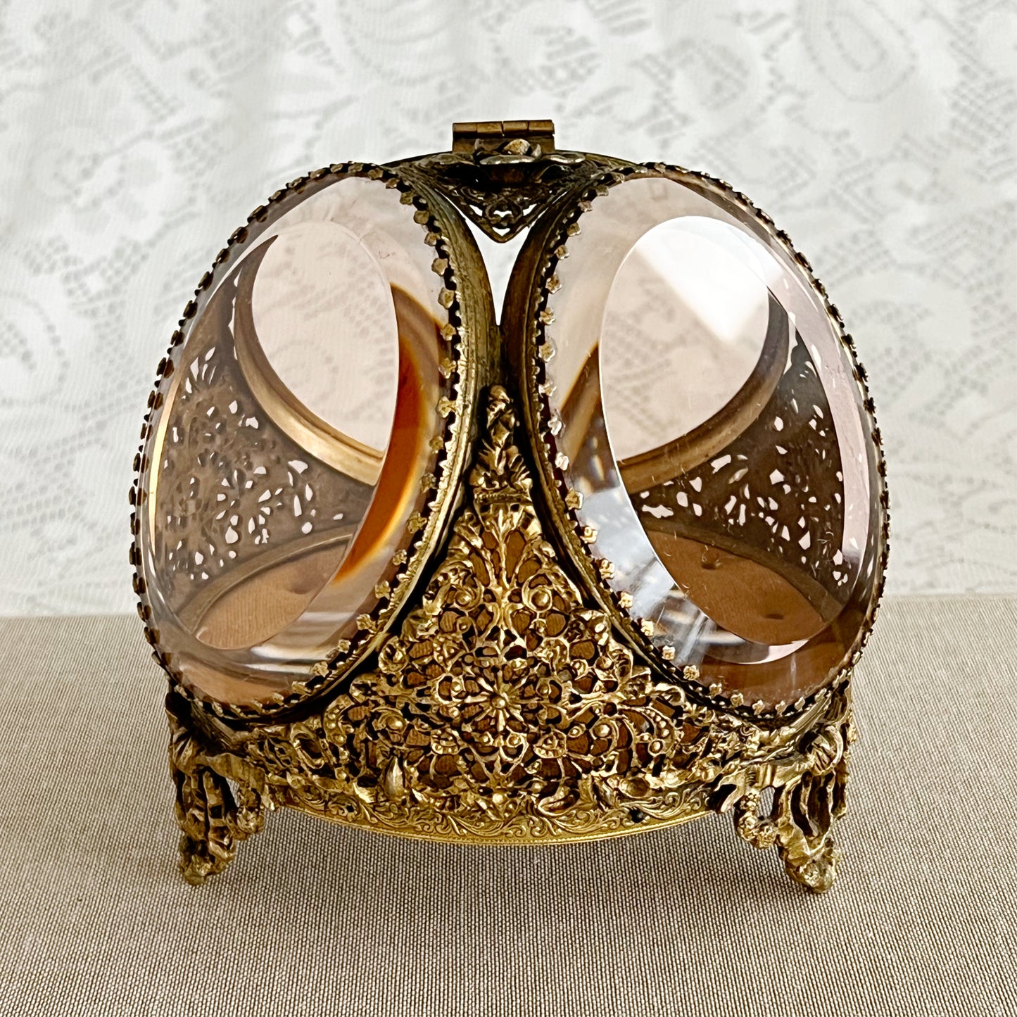 Vintage Ormolu Style Filigree Beveled 3-Sided Jewelry Box