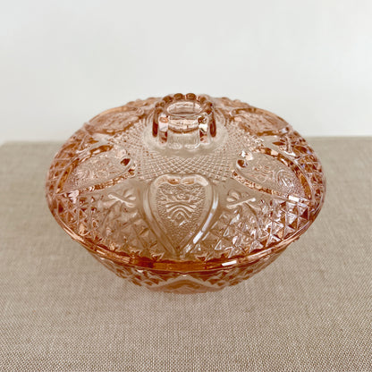 Vintage Pink KIG Malaysia Pressed Glass Roses Covered Candy Dish