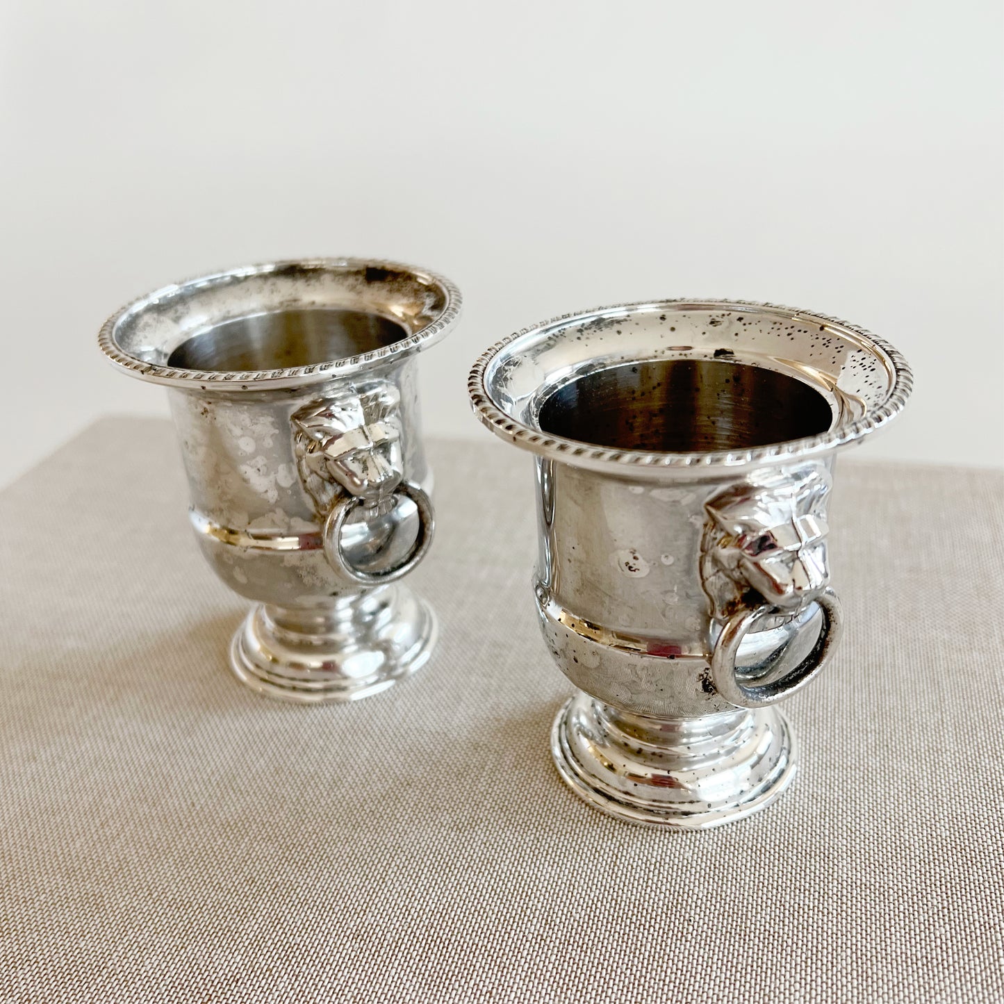 Vintage Sheffield Silver Small Containers with Lion Head Handles, pair
