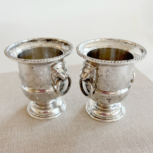 Vintage Sheffield Silver Small Containers with Lion Head Handles, pair