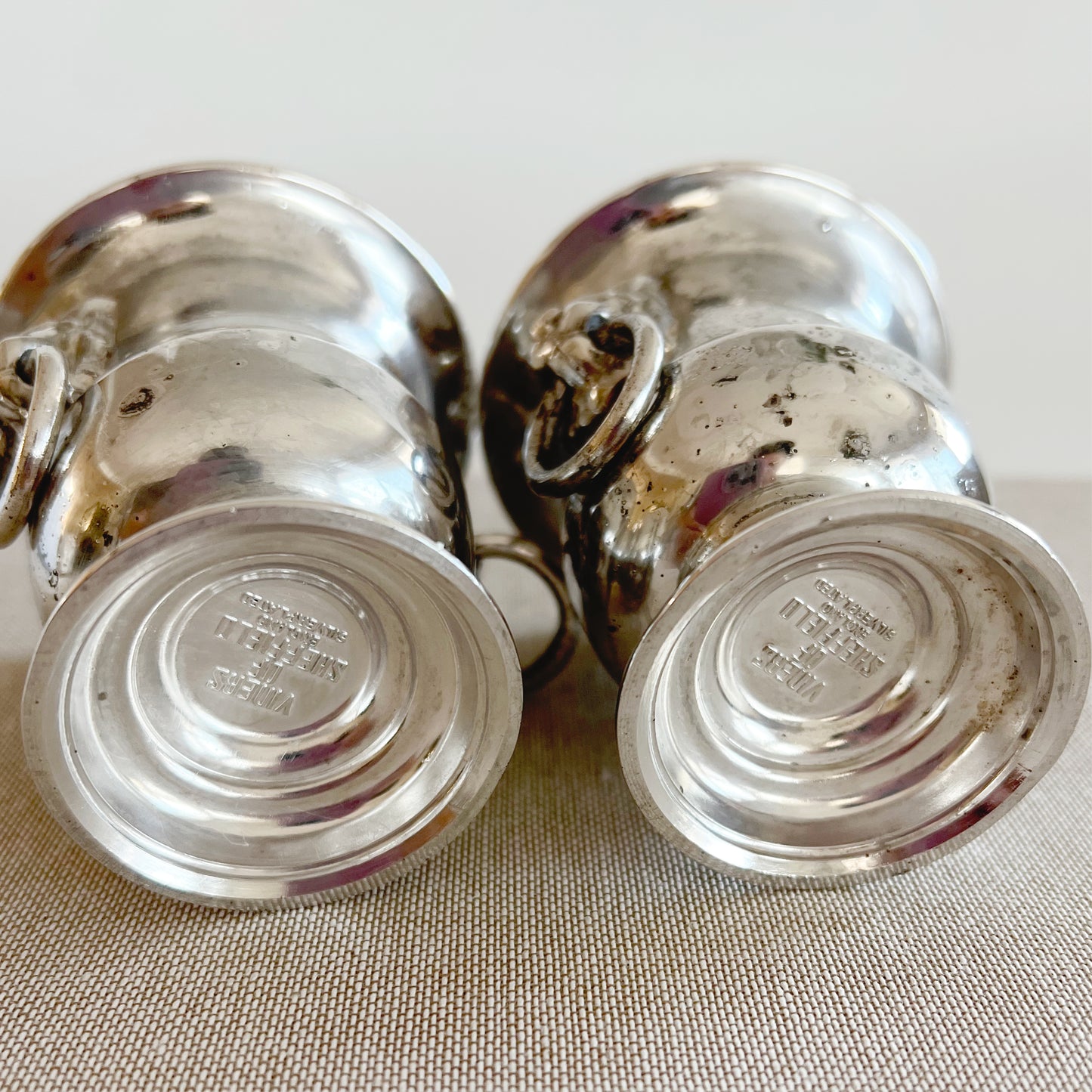 Vintage Sheffield Silver Small Containers with Lion Head Handles, pair