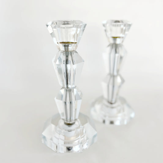 Vintage Stacked Geometric Prism Candleholders, pair