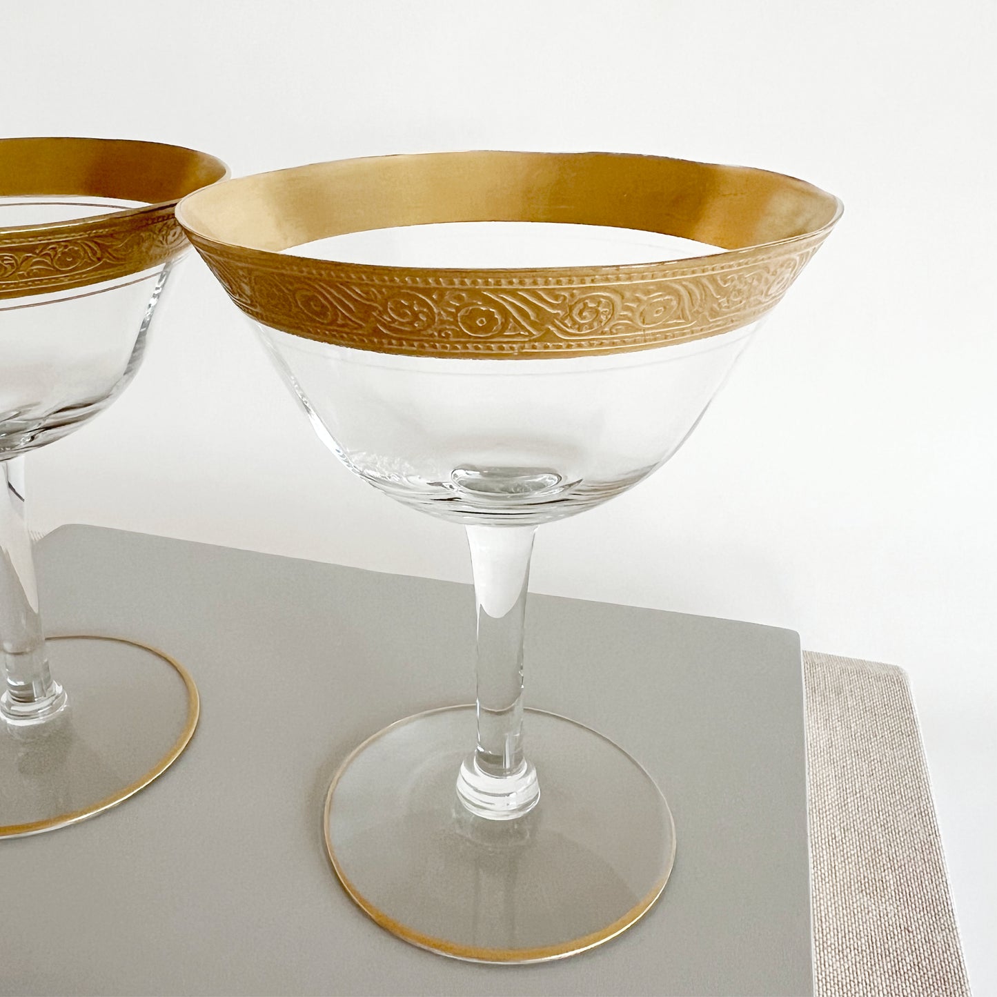 Vintage Tiffin-Franciscan Minton Champagne Glasses with gold encrusted pattern, pair