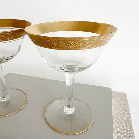 Vintage Tiffin-Franciscan Minton Champagne Glasses with gold encrusted pattern, pair
