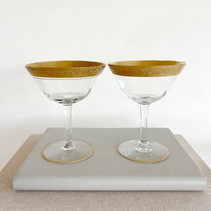 Vintage Tiffin-Franciscan Minton Champagne Glasses with gold encrusted pattern, pair