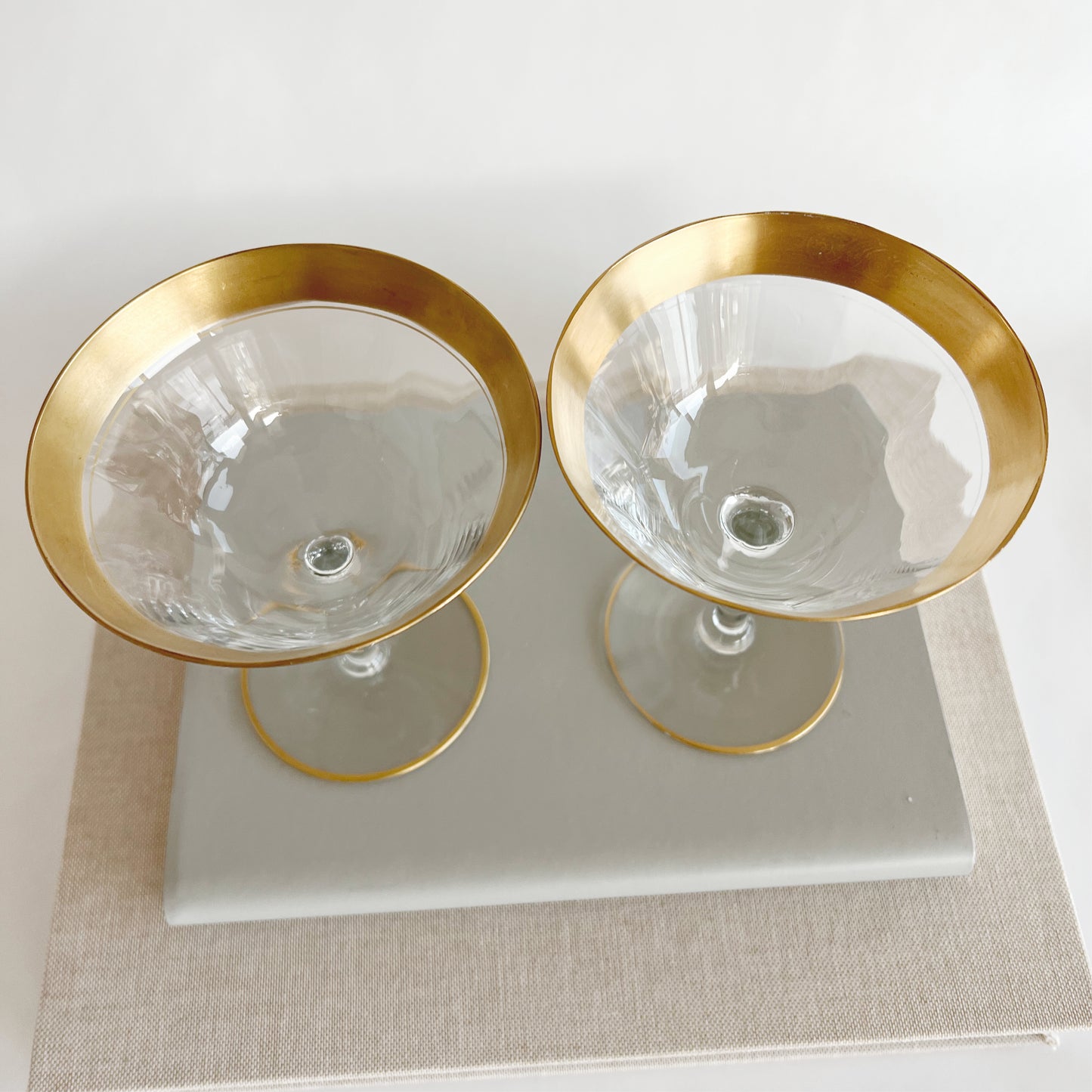 Vintage Tiffin-Franciscan Minton Champagne Glasses with gold encrusted pattern, pair
