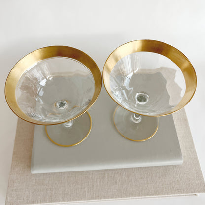 Vintage Tiffin-Franciscan Minton Champagne Glasses with gold encrusted pattern, pair