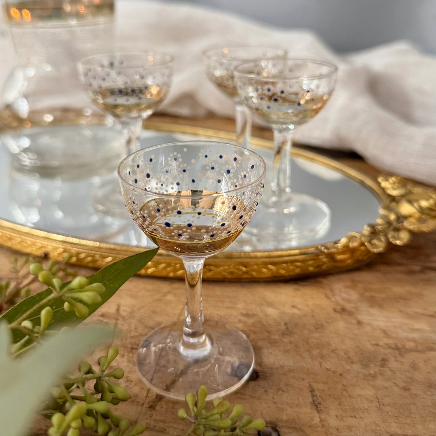 Vintage Bohemian Decanter and Four Tiny Glasses with Gold and Hand-Painted Floral Details, SET