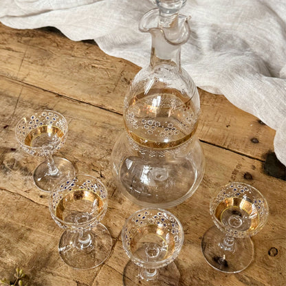 Vintage Bohemian Decanter and Four Tiny Glasses with Gold and Hand-Painted Floral Details, SET