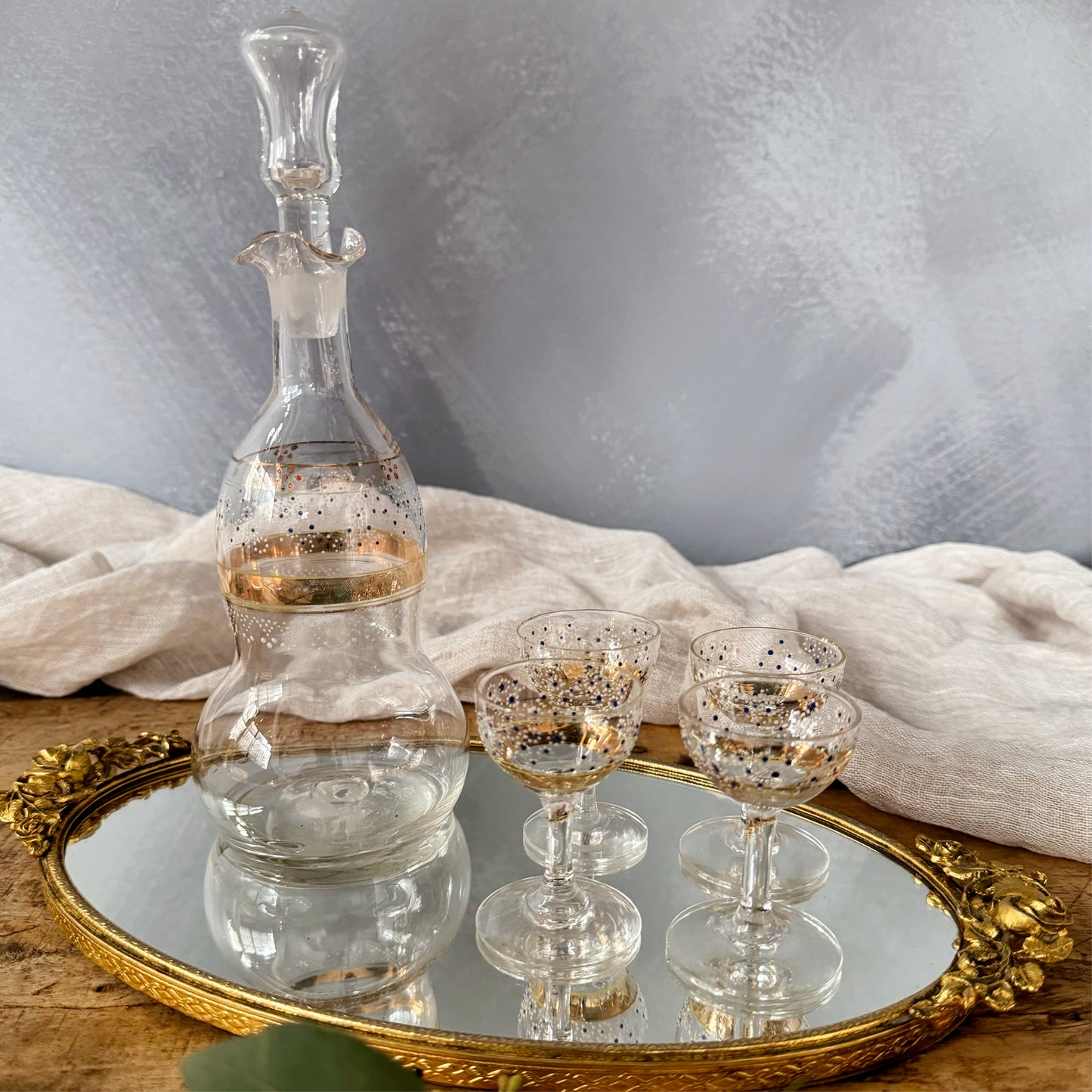 Vintage Bohemian Decanter and Four Tiny Glasses with Gold and Hand-Painted Floral Details, SET