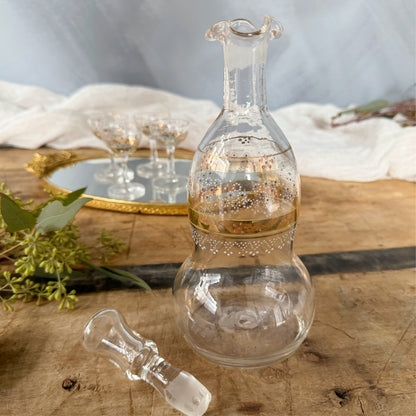 Vintage Bohemian Decanter and Four Tiny Glasses with Gold and Hand-Painted Floral Details, SET