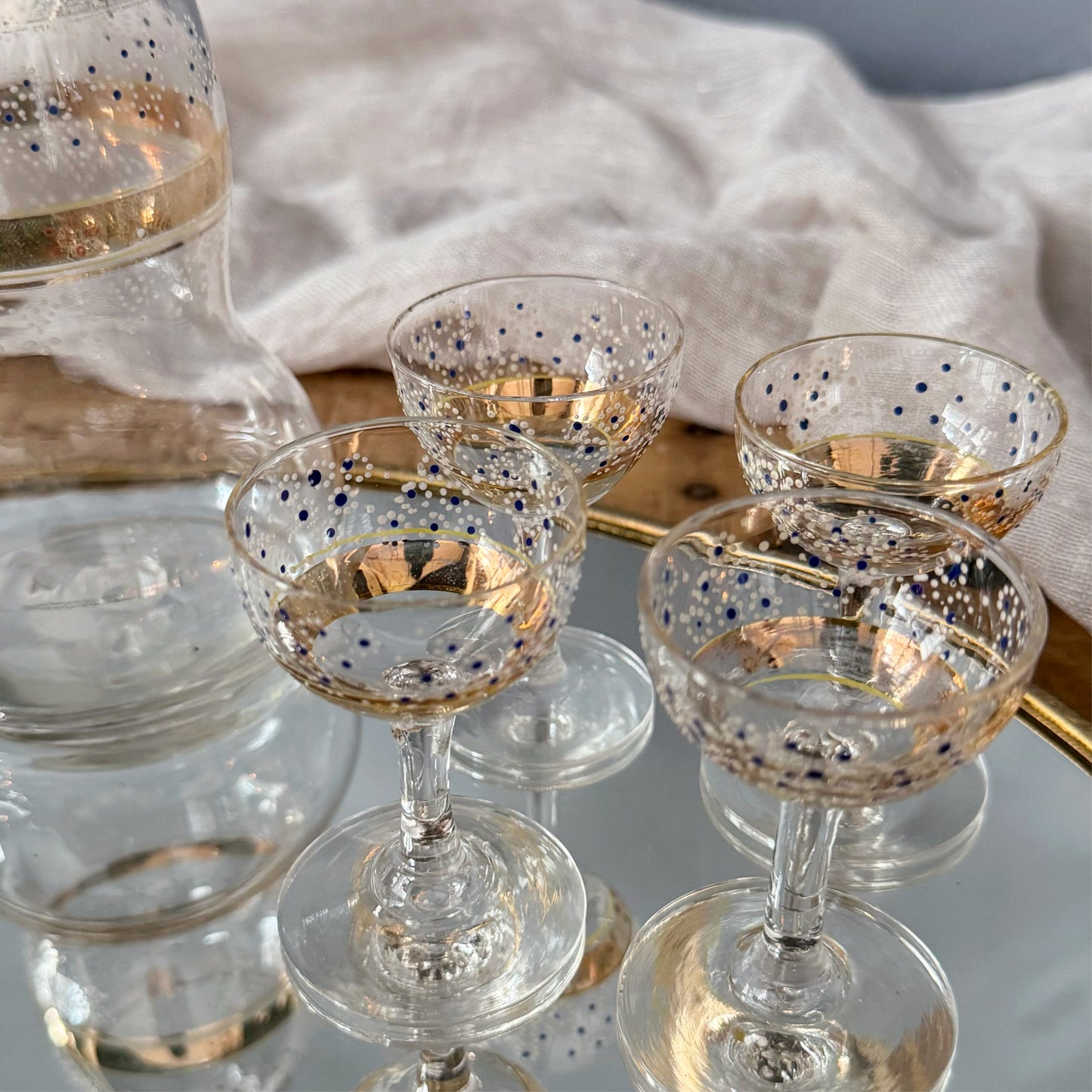 Vintage Bohemian Decanter and Four Tiny Glasses with Gold and Hand-Painted Floral Details, SET