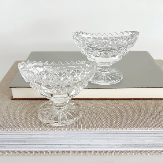 Vintage Crystal Footed Open Salt Cellars with Sawtooth Edge, sold as pair